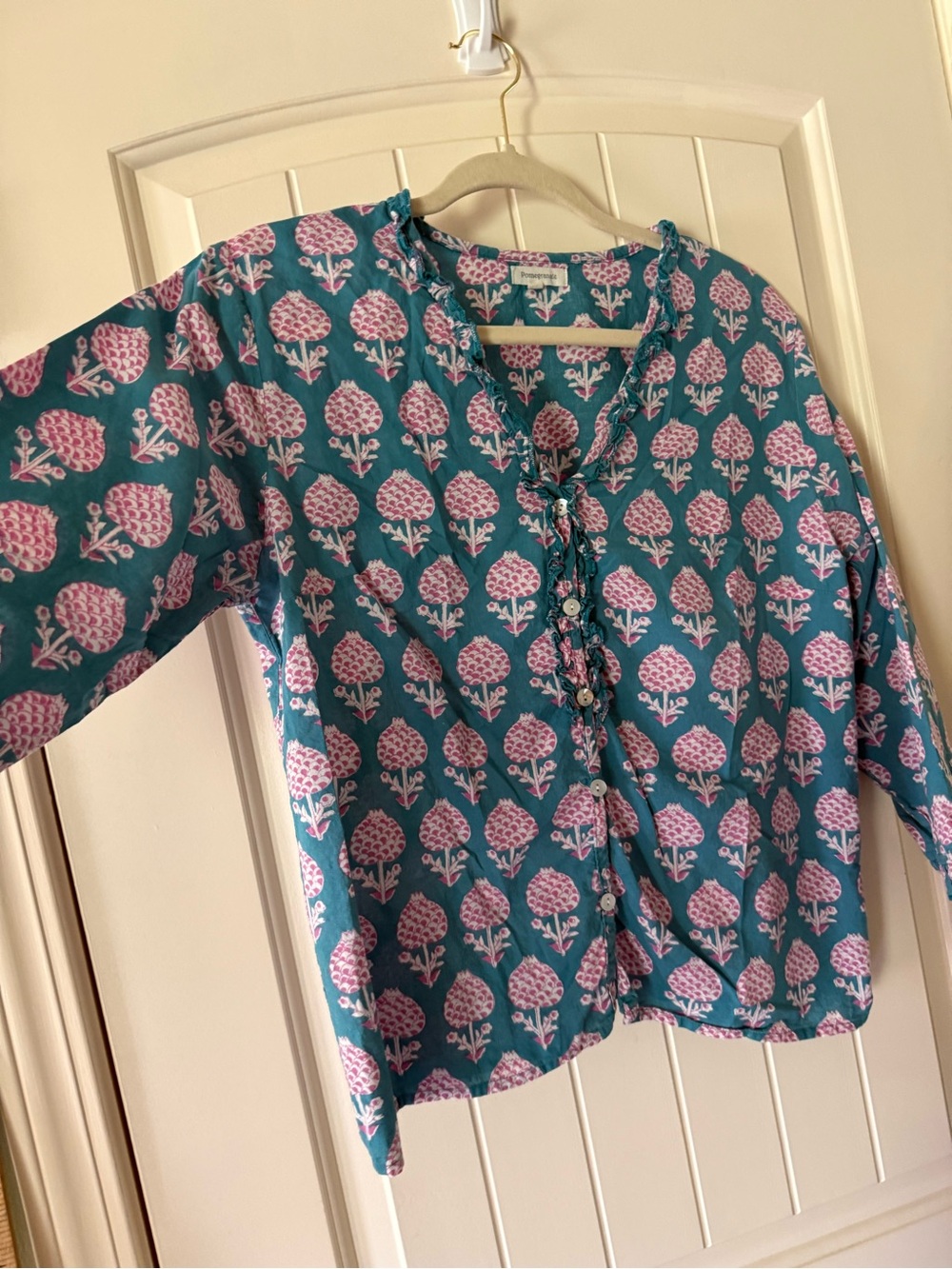 Women’s Teal Floral Ruffle-Trim Button-Down Shirt 100% cotton - Picture 3 of 8